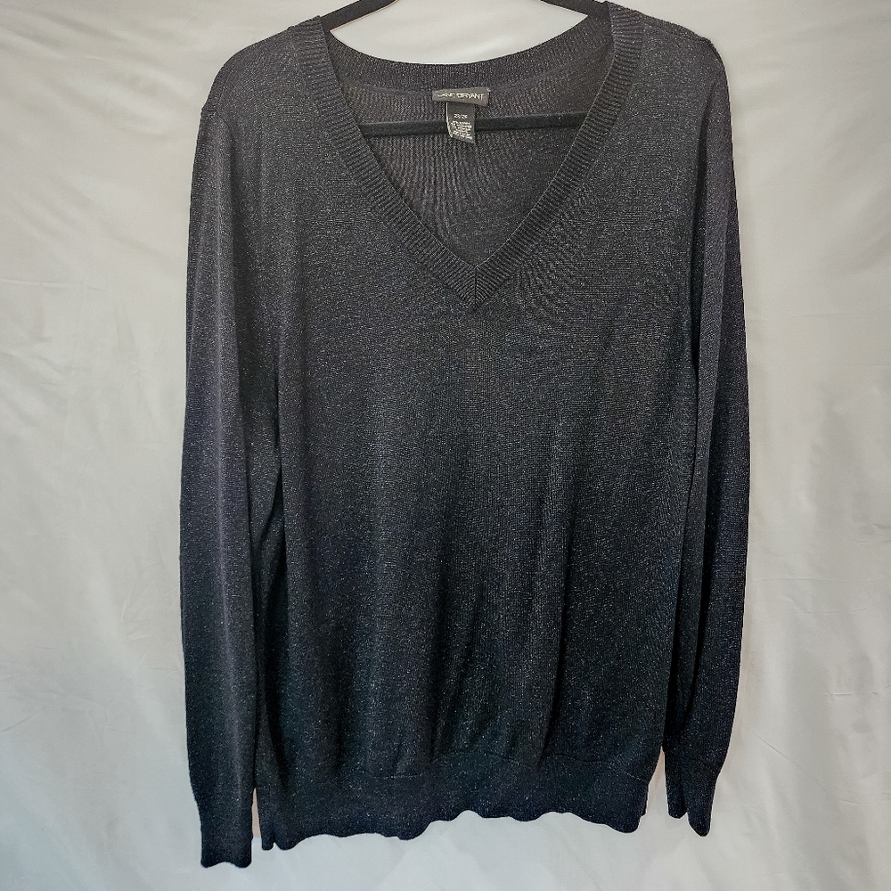 22/24 Lane Bryant Black Sparkly V Neck Sweater - silver glitter finish